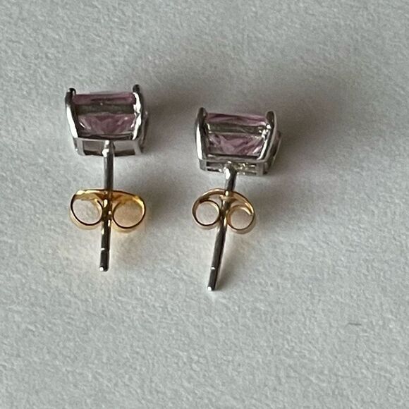 Pink Ice Princess Cut Earrings Womens Vintage 925 Sterling Silver 5MM Jewelry - Picture 3 of 3